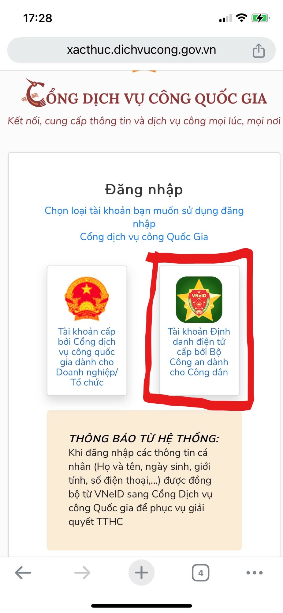 Đăng nhập vào hệ thống VNEID