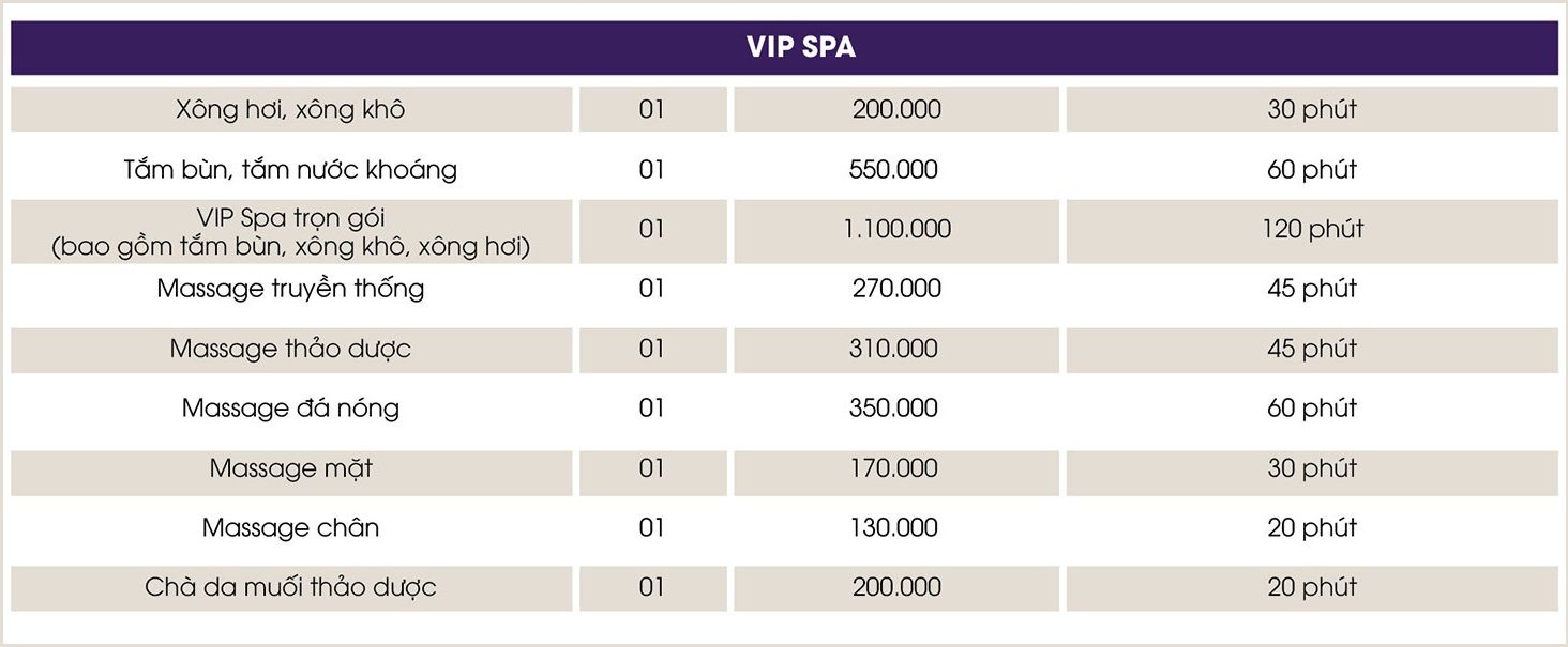 Bảng giá dịch vụ Spa